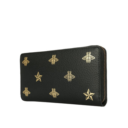 Gucci Bee Star Black Leather Continental Zip Around Wallet 495062