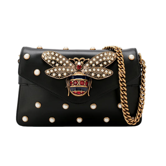 Gucci Broadway Pearl Studded Bee Black Leather Shoulder Bag 453778