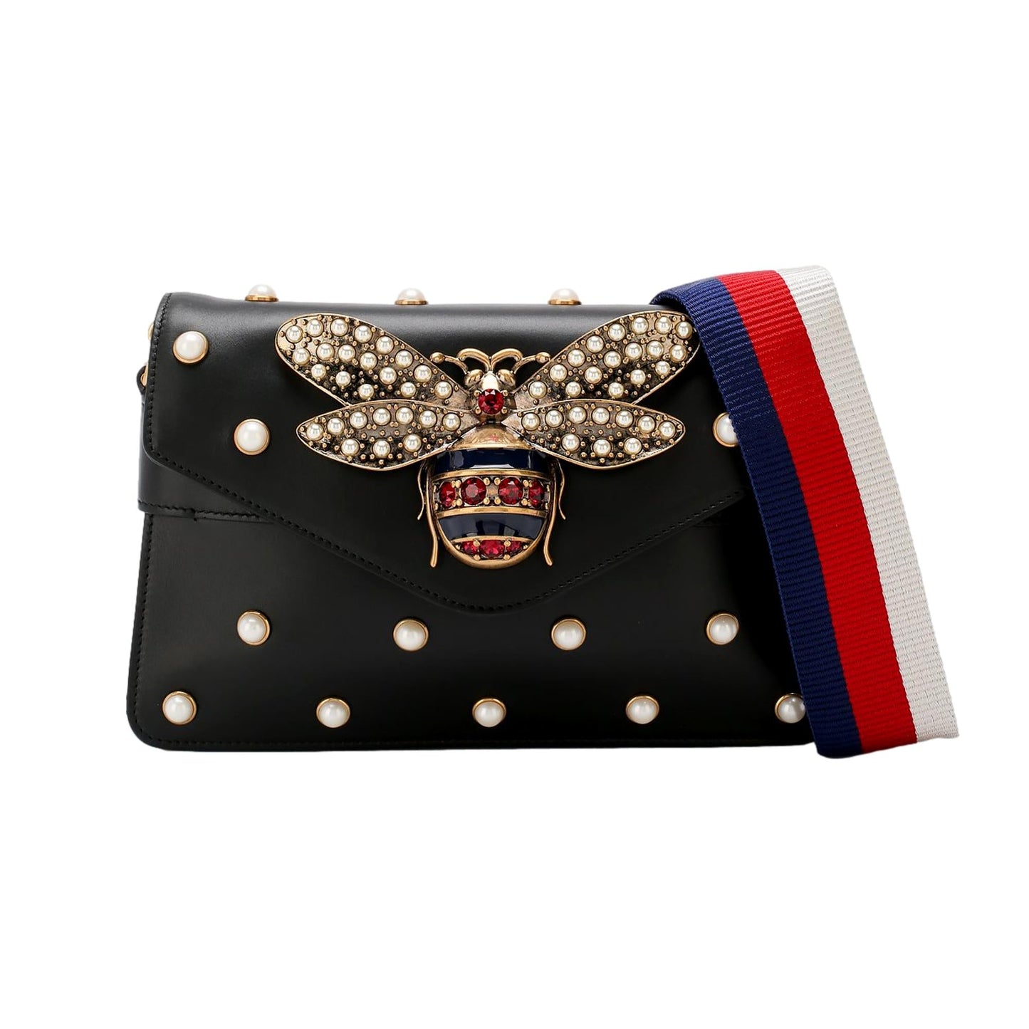 Gucci Broadway Pearl Studded Bee Black Leather Shoulder Bag 453778