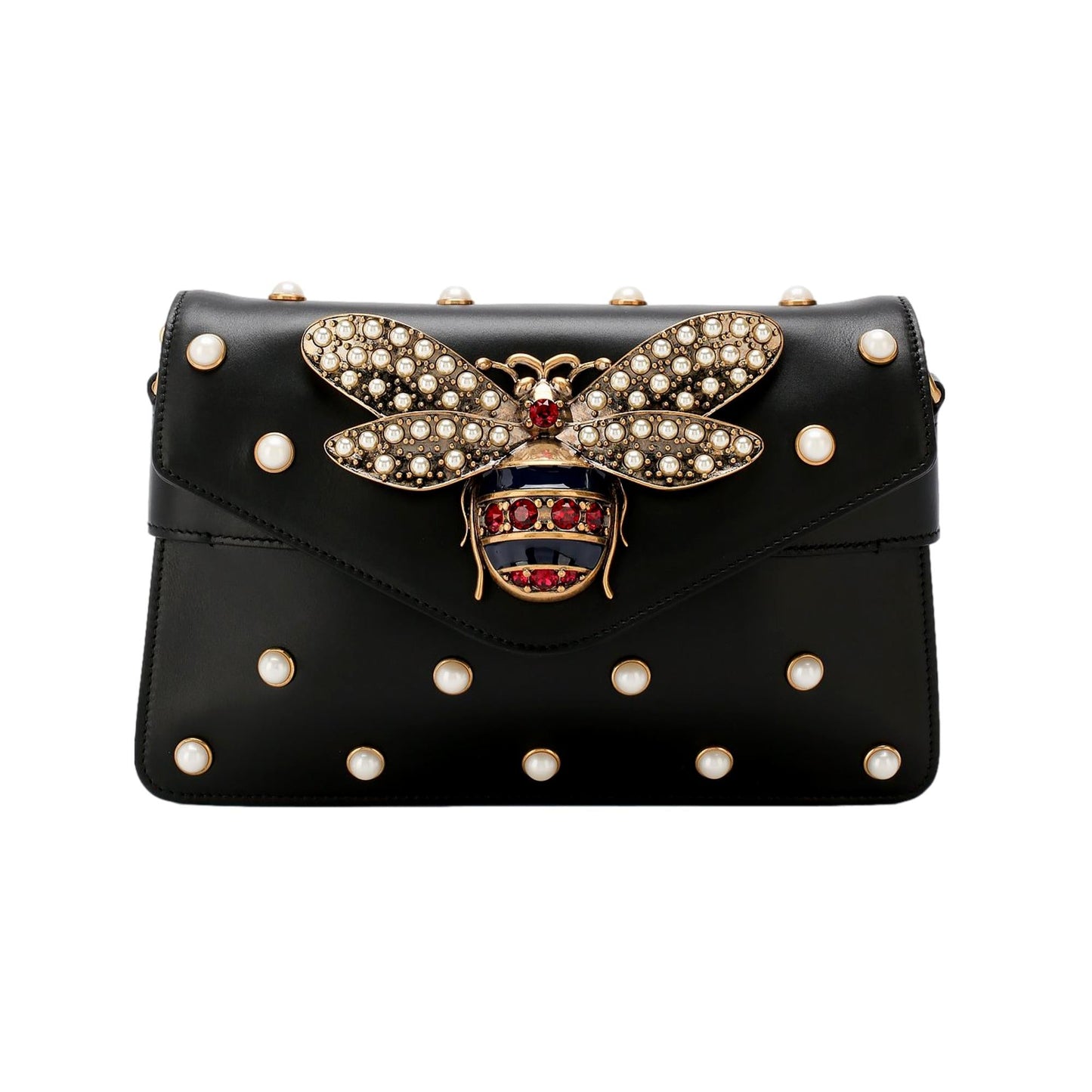 Gucci Broadway Pearl Studded Bee Black Leather Shoulder Bag 453778