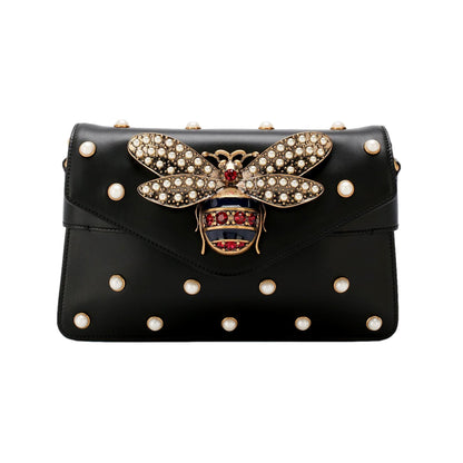 Gucci Broadway Pearl Studded Bee Black Leather Shoulder Bag 453778
