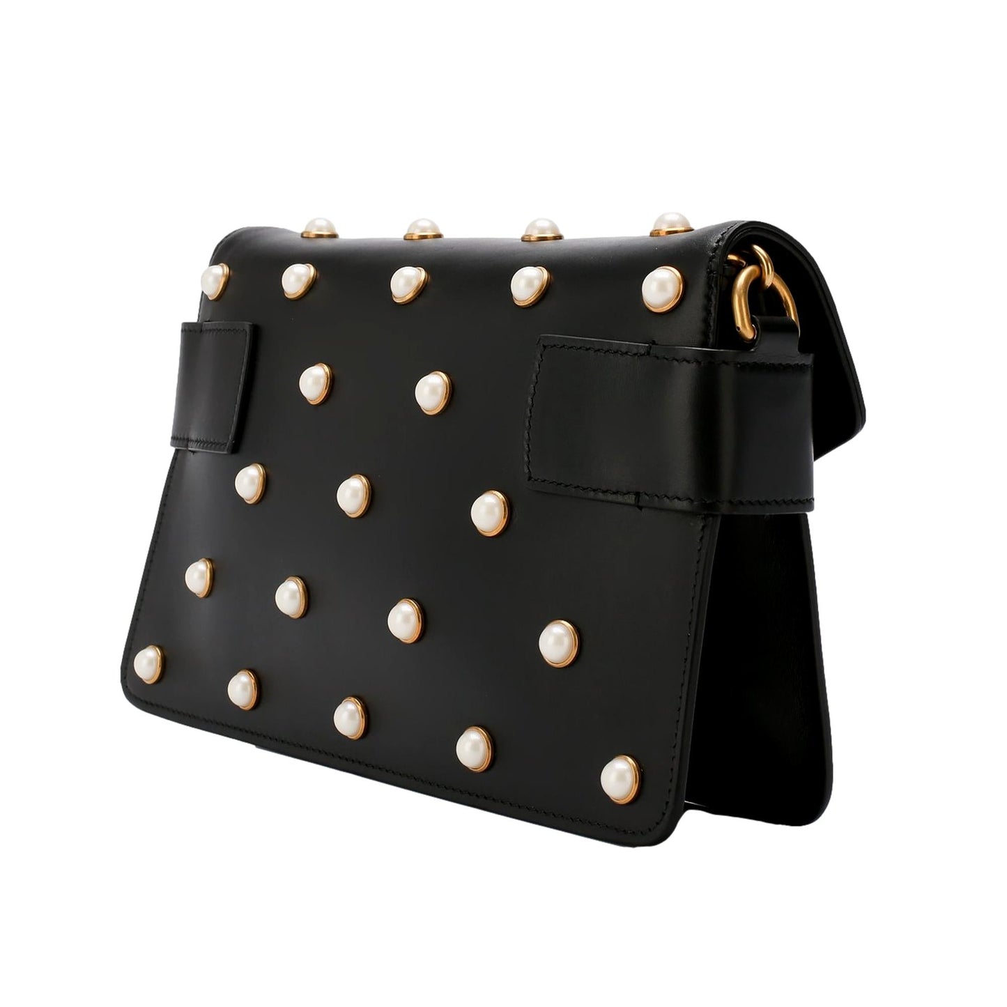 Gucci Broadway Pearl Studded Bee Black Leather Shoulder Bag 453778