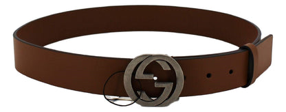 Gucci Brown Leather Silver Hardware Interlocking G Buckle Belt 95/38
