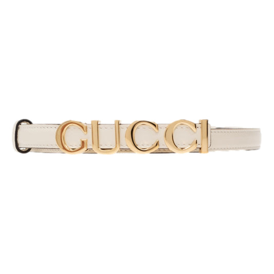 Gucci Cream Thin Leather Belt with Metal Gold Logo Lettering Size 85