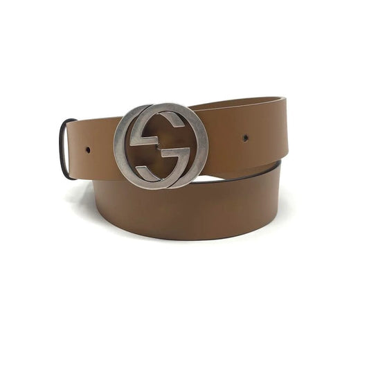 Gucci Mens Cuir Brown Leather Interlocking GG Buckle 85/34 Belt 546389