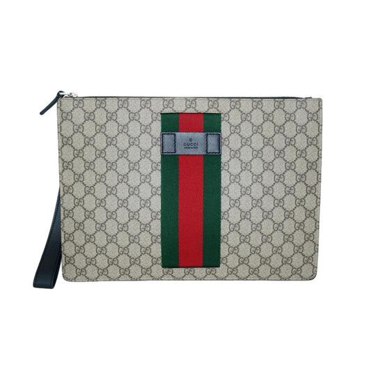 Gucci GG Supreme Beige Canvas Web Stripe Large Clutch 433655