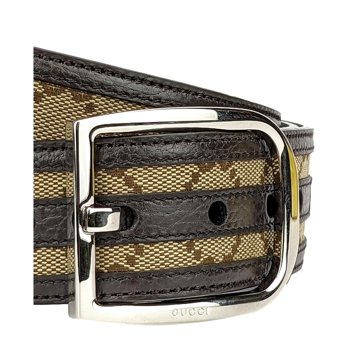 Gucci Mens GG Brown and Beige Size 36/90 Canvas Leather Trim Belt