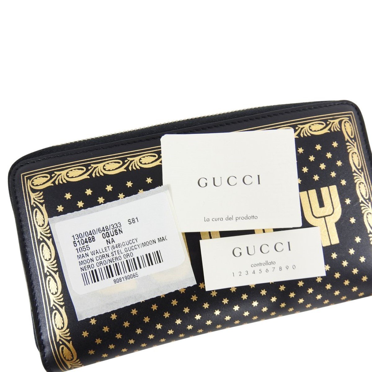 Gucci "Guccy" Black Leather Zip Around Wallet with Gold Stars 510488