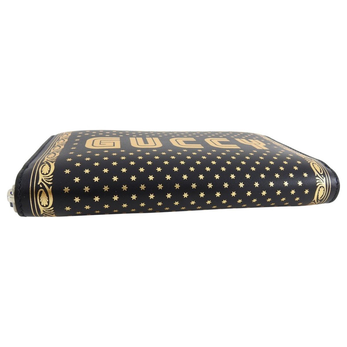 Gucci "Guccy" Black Leather Zip Around Wallet with Gold Stars 510488