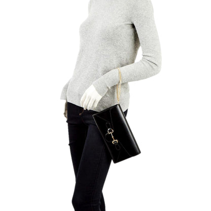 Gucci Horsebit 1955 Black Leather Chain Wristlet Clutch Bag