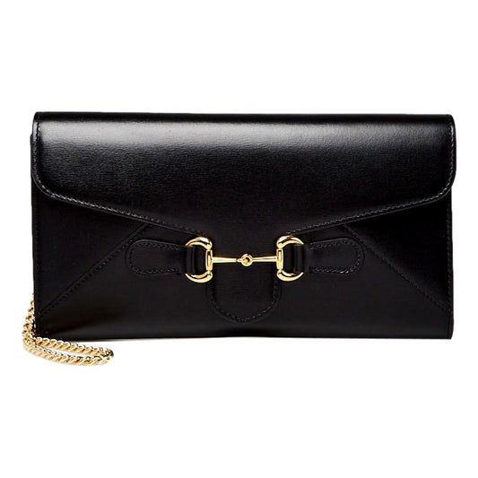 Gucci Horsebit 1955 Black Leather Chain Wristlet Clutch Bag