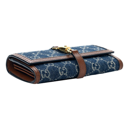 Gucci Jackie 1961 GG Monogram Blue Denim Leather Trim Chain Wallet Clutch Bag