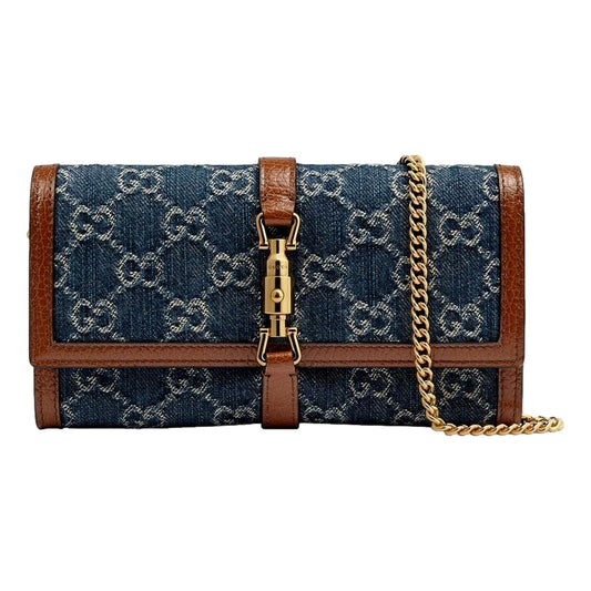 Gucci Jackie 1961 GG Monogram Blue Denim Leather Trim Chain Wallet Clutch Bag