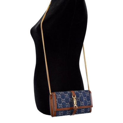 Gucci Jackie 1961 GG Monogram Blue Denim Leather Trim Chain Wallet Clutch Bag