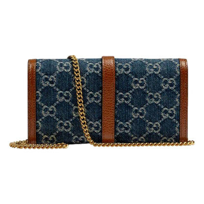 Gucci Jackie 1961 GG Monogram Blue Denim Leather Trim Chain Wallet Clutch Bag