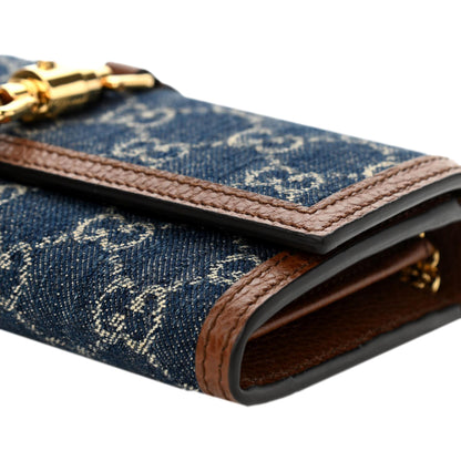 Gucci Jackie 1961 GG Monogram Blue Denim Leather Trim Chain Wallet Clutch Bag