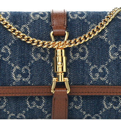 Gucci Jackie 1961 GG Monogram Blue Denim Leather Trim Chain Wallet Clutch Bag