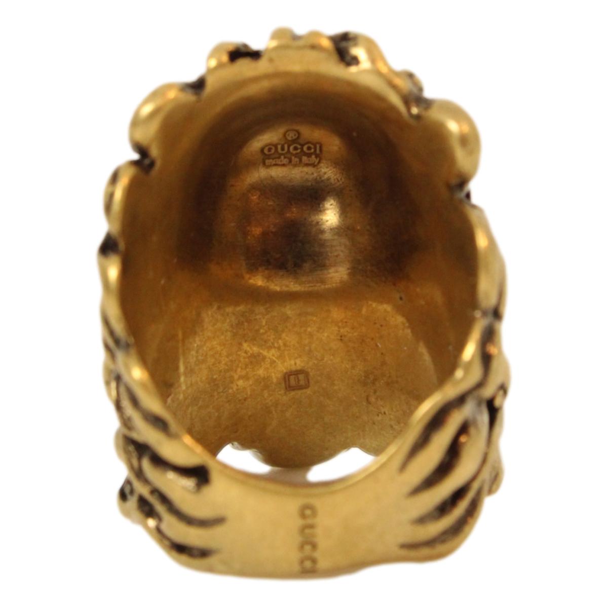 Gucci Lionhead Gold-tone Aquamarine Crystal Ring Size 13/6.5 402763