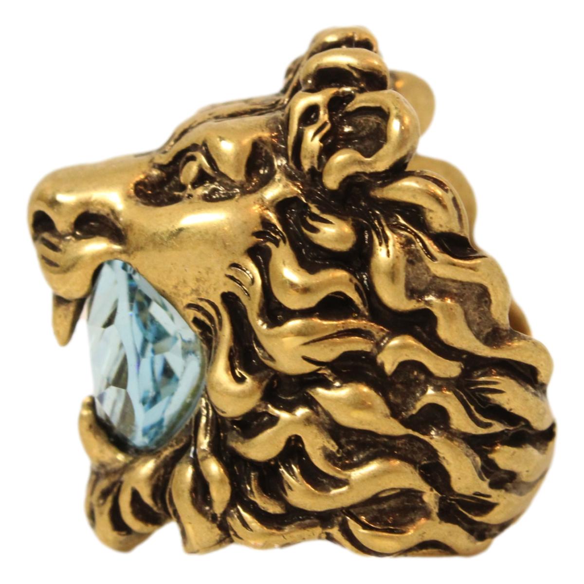 Gucci Lionhead Gold-tone Aquamarine Crystal Ring Size 13/6.5 402763