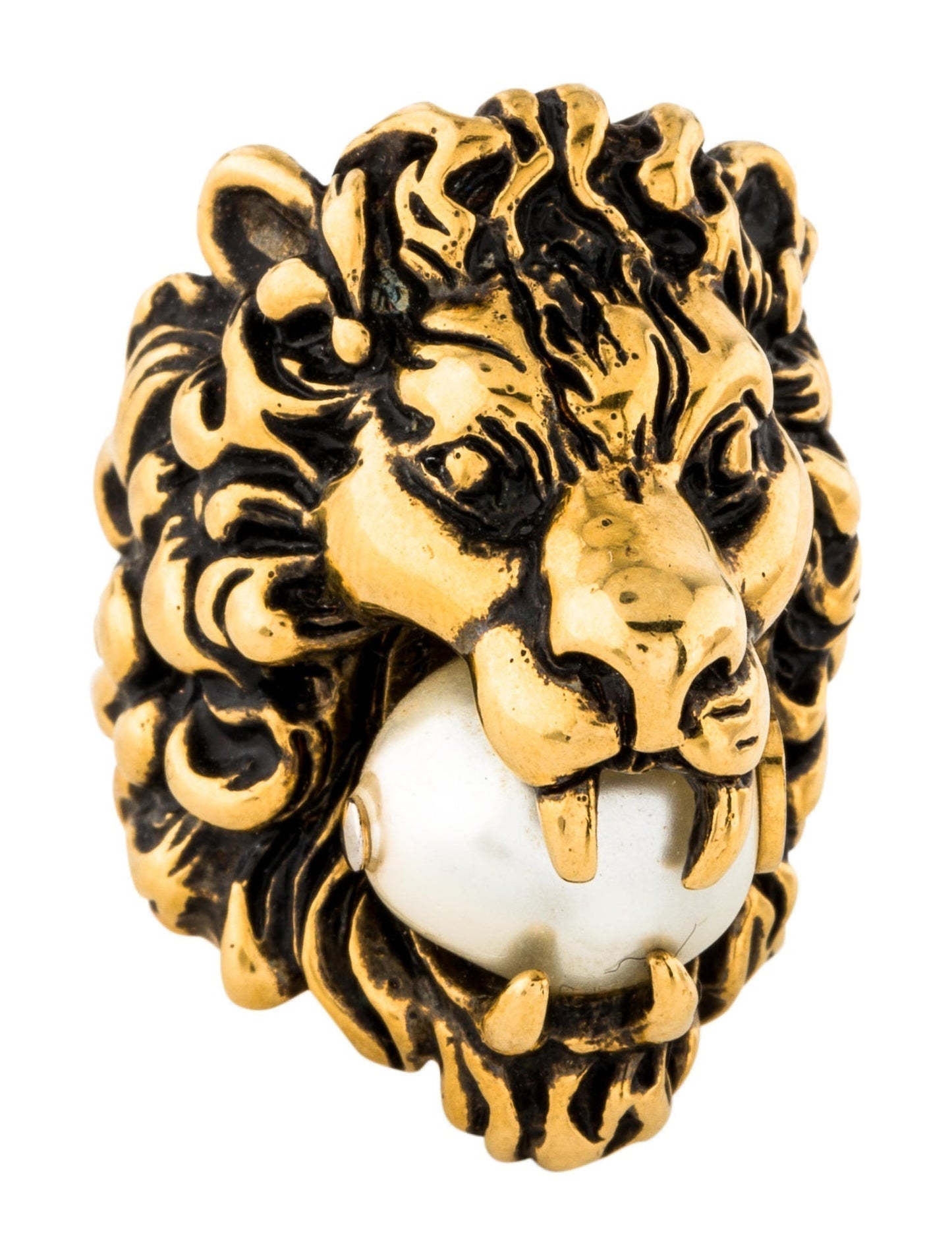 Gucci Lionhead Gold-tone GG Pearl Ring Size 13/6.5 418289