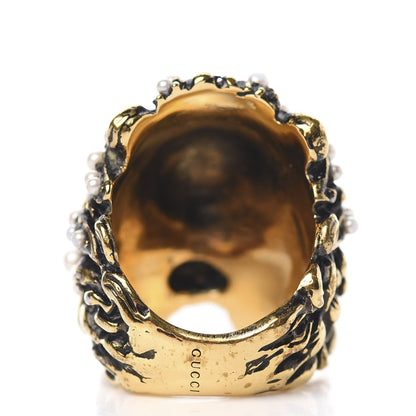 Gucci Lionhead Gold-tone GG Pearl Ring Size 13/6.5 418289