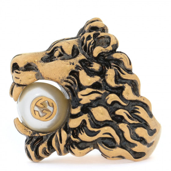 Gucci Lionhead Gold-tone GG Pearl Ring Size 13/6.5 418289