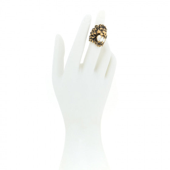 Gucci Lionhead Gold-tone GG Pearl Ring Size 13/6.5 418289