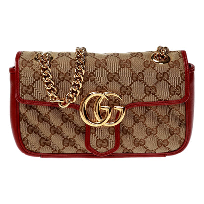 Gucci Marmont Beige Printed Canvas Red Leather Trim Shoulder Bag