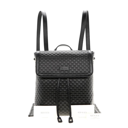 Gucci Microguccisima Black Leather Drawstring Backpack