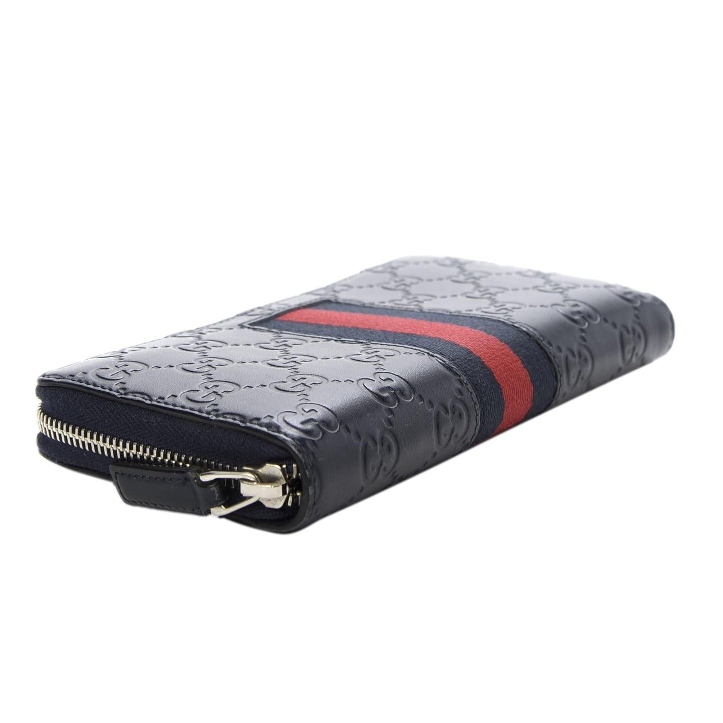 Gucci Navy Blue Leather Guccissima Web Stripe Long Zip Wallet 408831