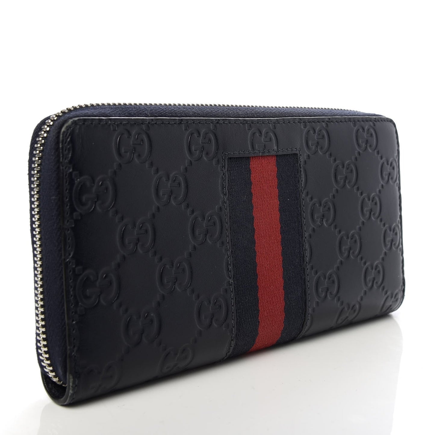 Gucci Navy Blue Leather Guccissima Web Stripe Long Zip Wallet 408831
