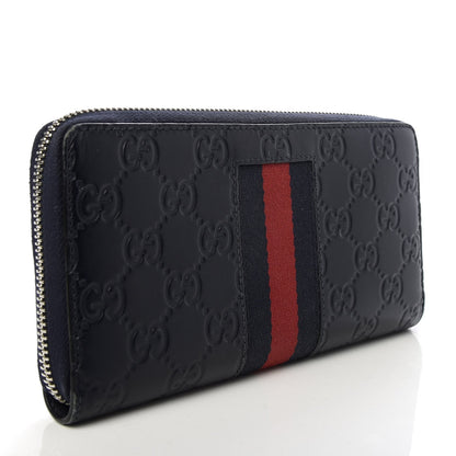 Gucci Navy Blue Leather Guccissima Web Stripe Long Zip Wallet 408831