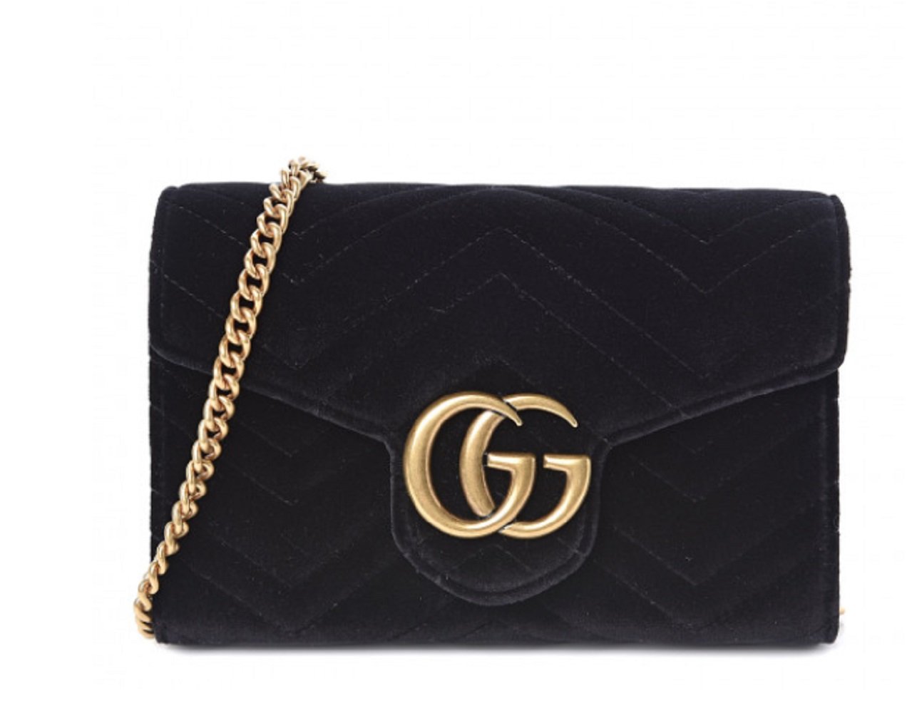 Gucci Small Black Velvet Matelasse GG Marmont Chain Wallet Crossbody 474575