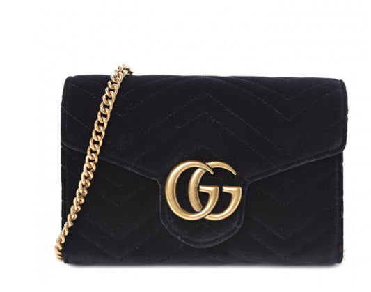 Gucci Small Black Velvet Matelasse GG Marmont Chain Wallet Crossbody 474575