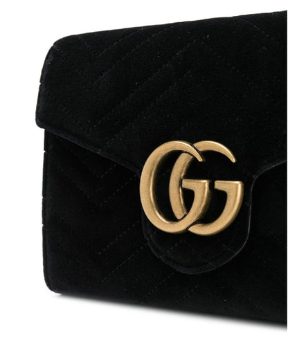 Gucci Small Black Velvet Matelasse GG Marmont Chain Wallet Crossbody 474575