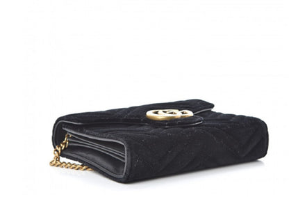 Gucci Small Black Velvet Matelasse GG Marmont Chain Wallet Crossbody 474575