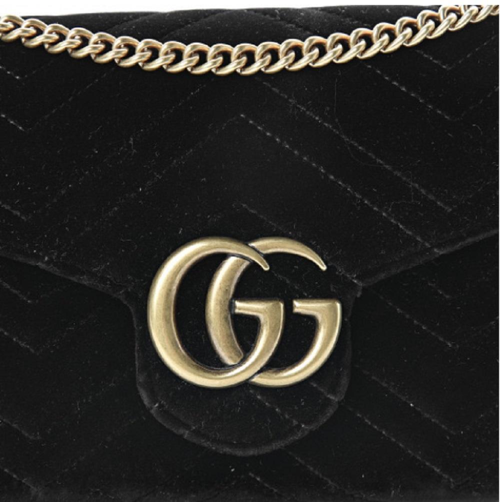 Gucci Small Black Velvet Matelasse GG Marmont Chain Wallet Crossbody 474575