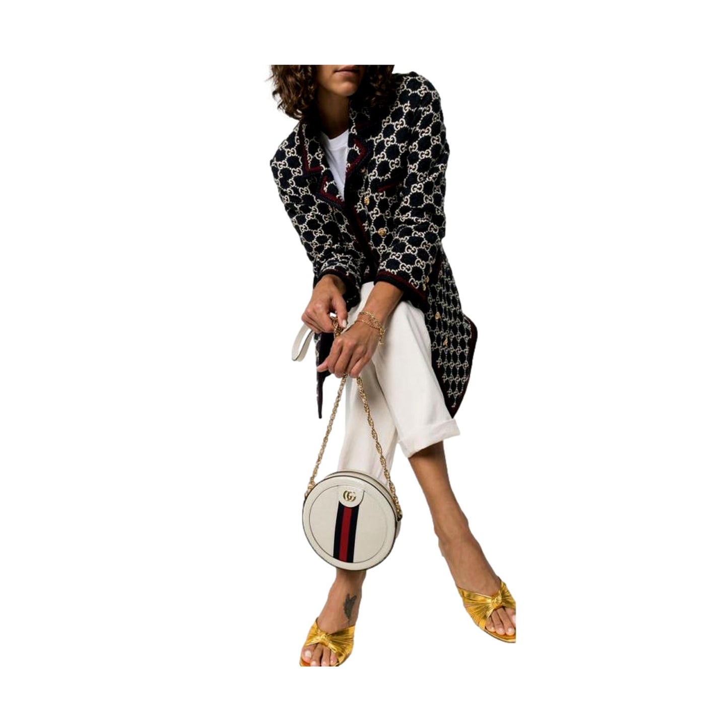 Gucci Web Mini Ophidia Round Ivory Leather Crossbody Bag 550618