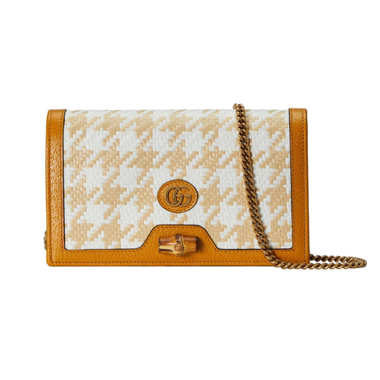 Gucci Diana Raffia Calfskin Houndstooth Bamboo Mini Crossbody Bag