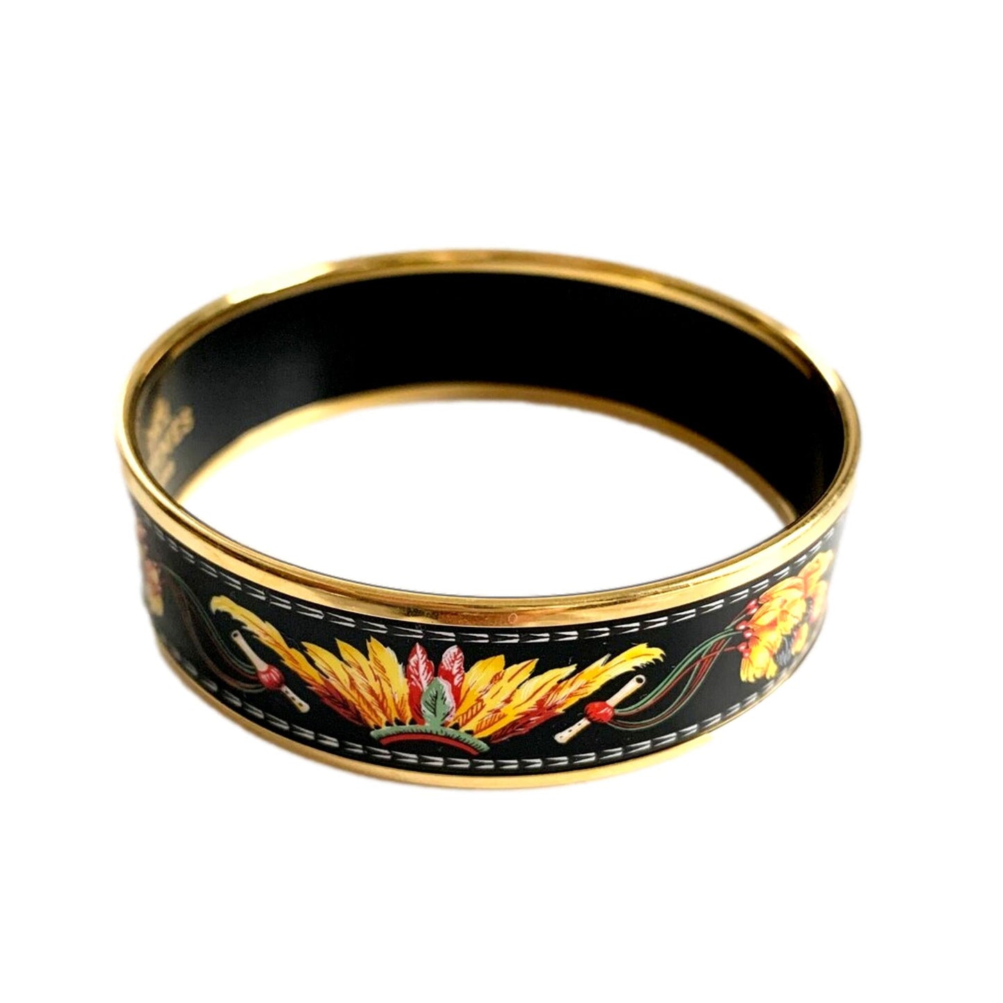 Hermes Cloisonne Black Multicolor Print Enamel Gold Trim Bracelet Cuff