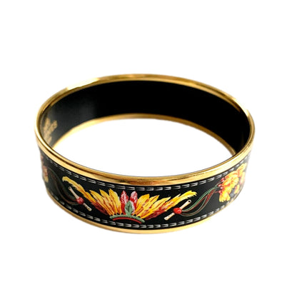 Hermes Cloisonne Black Multicolor Print Enamel Gold Trim Bracelet Cuff