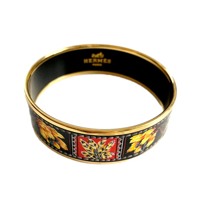Hermes Cloisonne Black Multicolor Print Enamel Gold Trim Bracelet Cuff