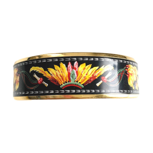Hermes Cloisonne Black Multicolor Print Enamel Gold Trim Bracelet Cuff