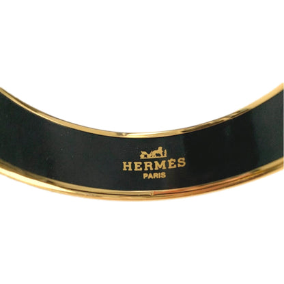 Hermes Cloisonne Black Multicolor Print Enamel Gold Trim Bracelet Cuff