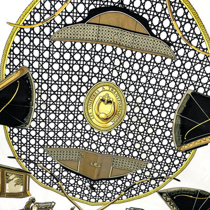 Hermes Les Voitures A Transformation Black and Gold Carriages Silk Scarf