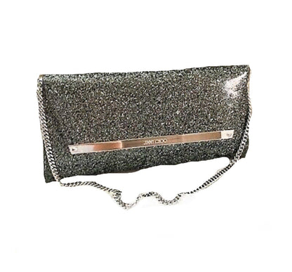 Jimmy Choo Margot Anthracite Silver Coated Glitter Clutch Bag LAG|100017