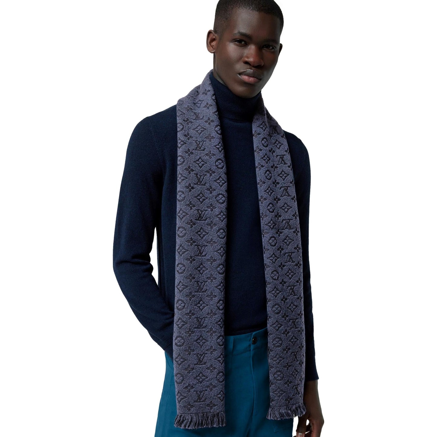 Louis Vuitton Classic Monogram Logo Navy Wool Fringe Scarf