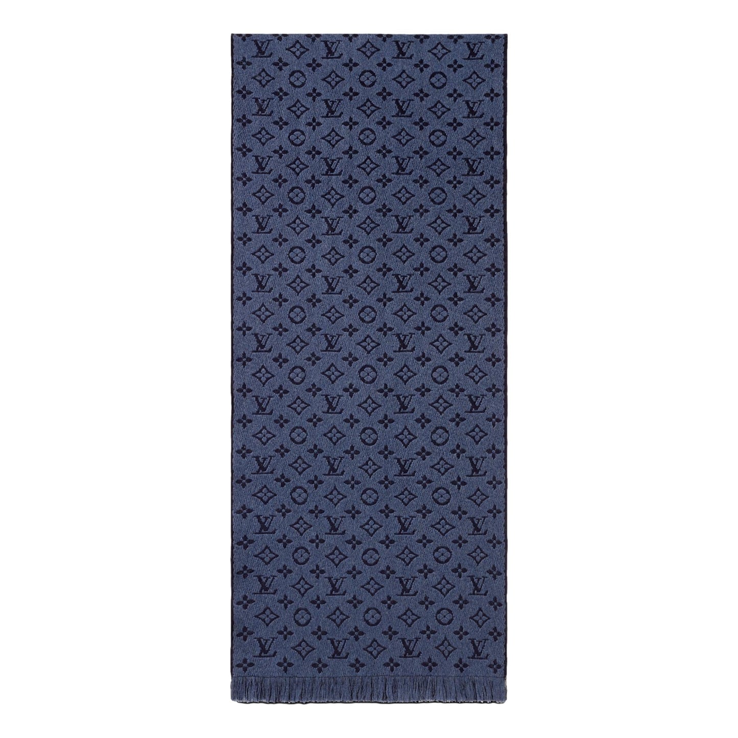 Louis Vuitton Classic Monogram Logo Navy Wool Fringe Scarf
