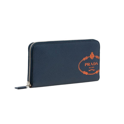 Prada Baltico Blue Saffiano Leather Orange Logo Zip Around Wallet 2ML317