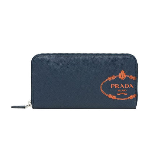 Prada Baltico Blue Saffiano Leather Orange Logo Zip Around Wallet 2ML317